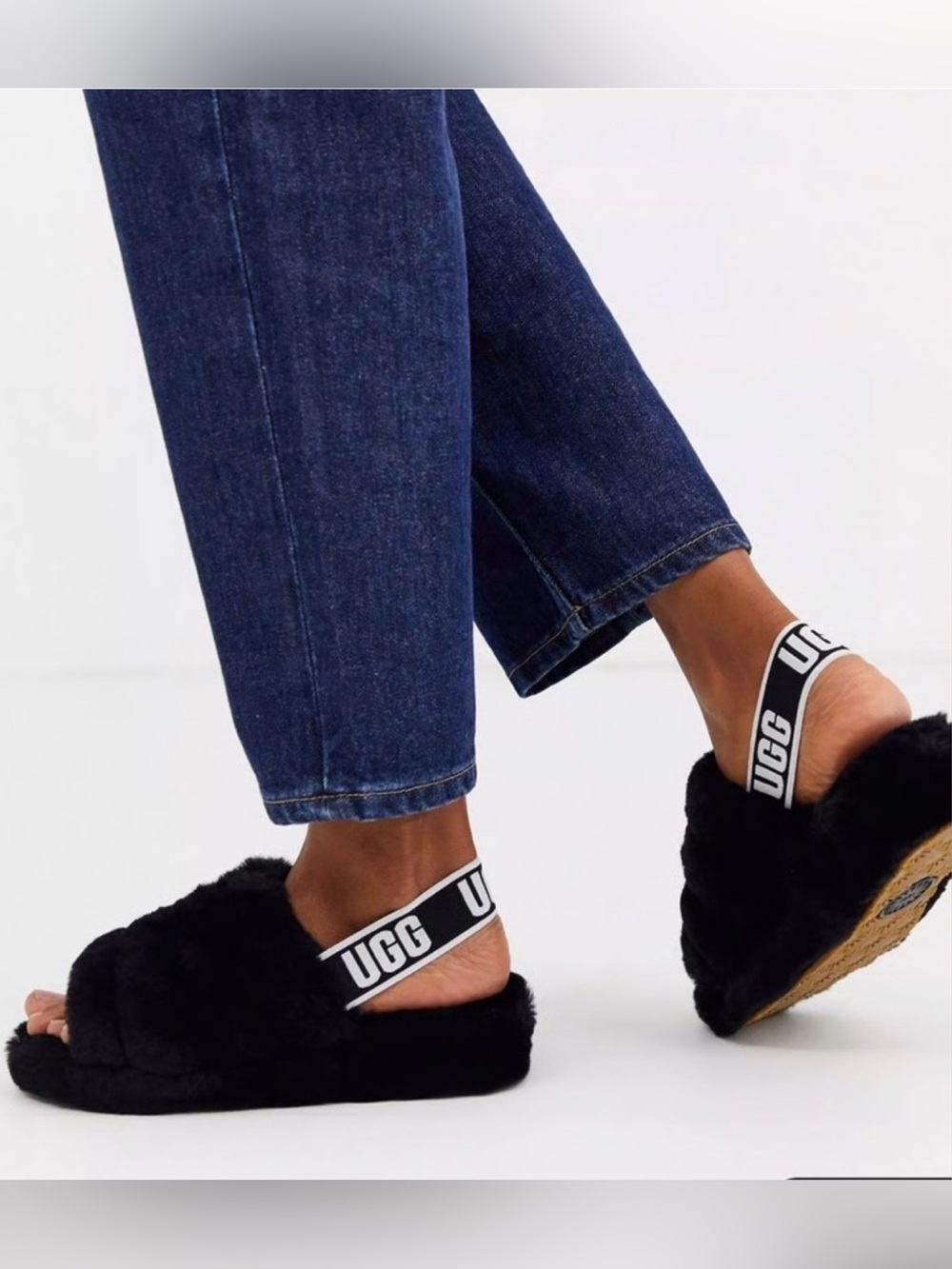 UGG Black Fluff Yea Slippers with Logo Strap 6